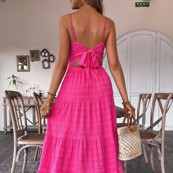 Pink Boho Ladies' Textured Long Slip Dress With Spaghetti Straps - Picture 4 of 6